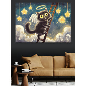 Merdivende Siyah Kedi Meleği Dekoratif Kanvas - Mdf Ahşap Tablo 100x140 cm