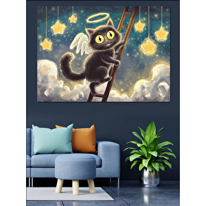Merdivende Siyah Kedi Meleği Dekoratif Kanvas - Mdf Ahşap Tablo 100x140 cm
