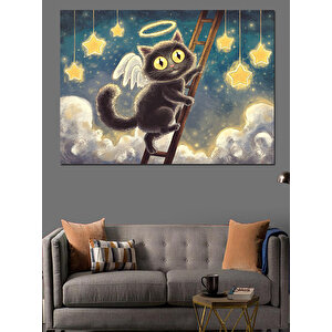 Merdivende Siyah Kedi Meleği Dekoratif Kanvas - Mdf Ahşap Tablo