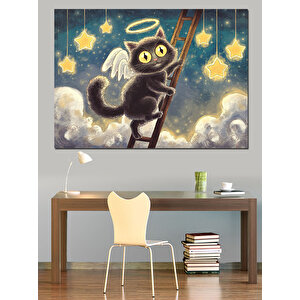 Merdivende Siyah Kedi Meleği Dekoratif Kanvas - Mdf Ahşap Tablo