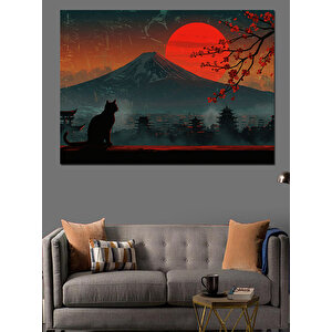 Kırmızı Ayda Yalnız Kedi Dekoratif Kanvas - Mdf Ahşap Tablo 50x70 cm