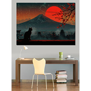 Kırmızı Ayda Yalnız Kedi Dekoratif Kanvas - Mdf Ahşap Tablo