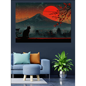 Kırmızı Ayda Yalnız Kedi Dekoratif Kanvas - Mdf Ahşap Tablo 35x50 cm