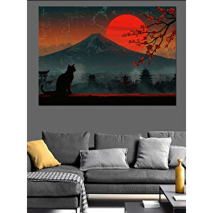 Kırmızı Ayda Yalnız Kedi Dekoratif Kanvas - Mdf Ahşap Tablo