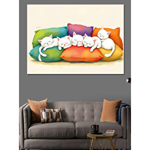 Renkli Yastıklarda Yavru Kediler Dekoratif Kanvas - Mdf Ahşap Tablo 50x70 cm