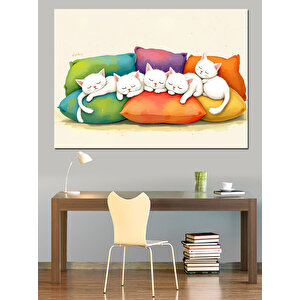 Renkli Yastıklarda Yavru Kediler Dekoratif Kanvas - Mdf Ahşap Tablo 25x35 cm