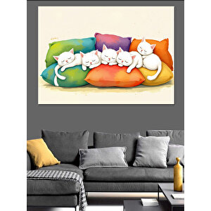 Renkli Yastıklarda Yavru Kediler Dekoratif Kanvas - Mdf Ahşap Tablo 25x35 cm