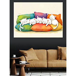 Renkli Yastıklarda Yavru Kediler Dekoratif Kanvas - Mdf Ahşap Tablo