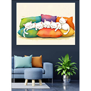 Renkli Yastıklarda Yavru Kediler Dekoratif Kanvas - Mdf Ahşap Tablo