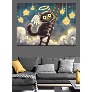 Merdivende Siyah Kedi Meleği Dekoratif Kanvas - Mdf Ahşap Tablo 25x35 cm