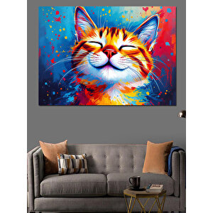 Gülen Renkli Komik Kedi Dekoratif Kanvas - Mdf Ahşap Tablo 70x100 cm