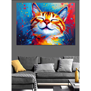 Gülen Renkli Komik Kedi Dekoratif Kanvas - Mdf Ahşap Tablo 70x100 cm