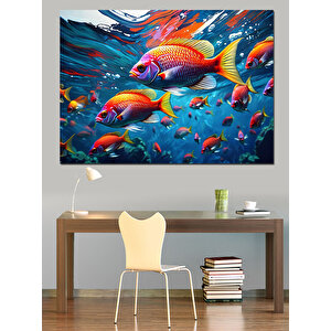 Renkli Balıkların Büyülü Dünyası Dekoratif Kanvas - Mdf Ahşap Tablo 50x70 cm
