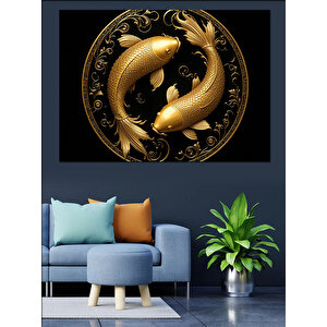 Altın Siyah Koi Balıkları Dekoratif Kanvas - Mdf Ahşap Tablo