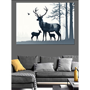 Ormanda Geyik Silüetleri Dekoratif Kanvas - Mdf Ahşap Tablo