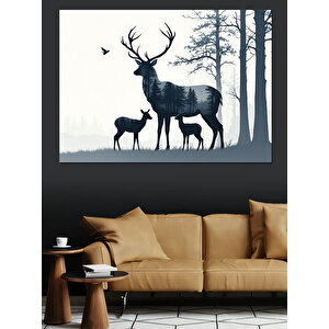 Ormanda Geyik Silüetleri Dekoratif Kanvas - Mdf Ahşap Tablo