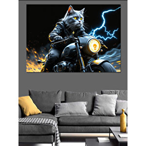 Motosikletli Şimşekli Savaşçı Kedi Dekoratif Kanvas - Mdf Ahşap Tablo 70x100 cm