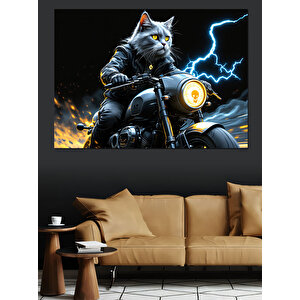 Motosikletli Şimşekli Savaşçı Kedi Dekoratif Kanvas - Mdf Ahşap Tablo 70x100 cm