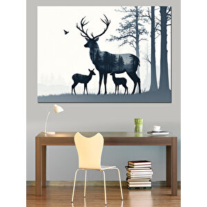 Ormanda Geyik Silüetleri Dekoratif Kanvas - Mdf Ahşap Tablo 50x70 cm