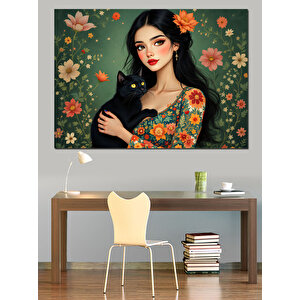 Kedi Tutan Kadın Dekoratif Kanvas - Mdf Ahşap Tablo 100x140 cm
