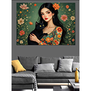Kedi Tutan Kadın Dekoratif Kanvas - Mdf Ahşap Tablo 100x140 cm
