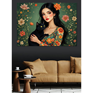 Kedi Tutan Kadın Dekoratif Kanvas - Mdf Ahşap Tablo 100x140 cm