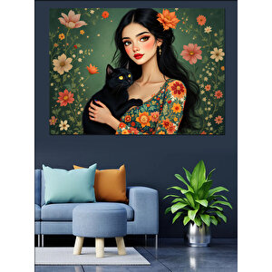 Kedi Tutan Kadın Dekoratif Kanvas - Mdf Ahşap Tablo