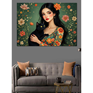 Kedi Tutan Kadın Dekoratif Kanvas - Mdf Ahşap Tablo