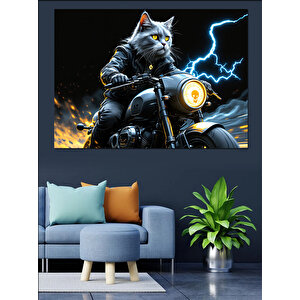 Motosikletli Şimşekli Savaşçı Kedi Dekoratif Kanvas - Mdf Ahşap Tablo