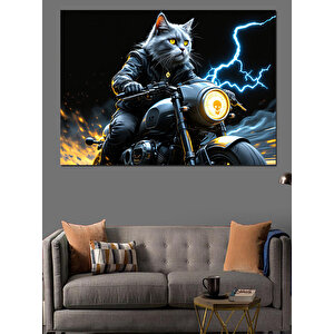 Motosikletli Şimşekli Savaşçı Kedi Dekoratif Kanvas - Mdf Ahşap Tablo
