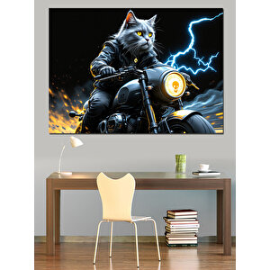 Motosikletli Şimşekli Savaşçı Kedi Dekoratif Kanvas - Mdf Ahşap Tablo 25x35 cm