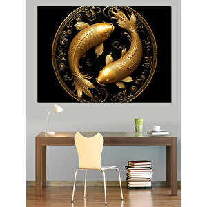 Altın Siyah Koi Balıkları Dekoratif Kanvas - Mdf Ahşap Tablo 35x50 cm