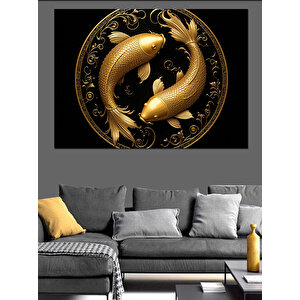 Altın Siyah Koi Balıkları Dekoratif Kanvas - Mdf Ahşap Tablo 35x50 cm
