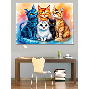 Renkli Gözlü Kedi Ailesi Dekoratif Kanvas - Mdf Ahşap Tablo 25x35 cm