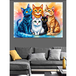 Renkli Gözlü Kedi Ailesi Dekoratif Kanvas - Mdf Ahşap Tablo 25x35 cm