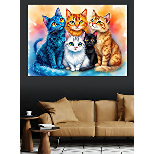 Renkli Gözlü Kedi Ailesi Dekoratif Kanvas - Mdf Ahşap Tablo