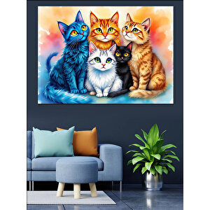 Renkli Gözlü Kedi Ailesi Dekoratif Kanvas - Mdf Ahşap Tablo