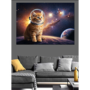 Uzayda Astronot Kedi Dekoratif Kanvas - Mdf Ahşap Tablo