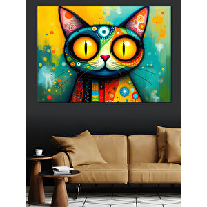 Renkli Gözlü Soyut Kedi Dekoratif Kanvas - Mdf Ahşap Tablo 100x140 cm