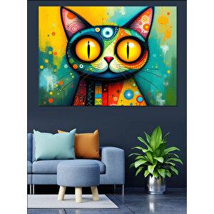 Renkli Gözlü Soyut Kedi Dekoratif Kanvas - Mdf Ahşap Tablo 100x140 cm