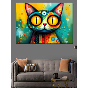 Renkli Gözlü Soyut Kedi Dekoratif Kanvas - Mdf Ahşap Tablo 100x140 cm