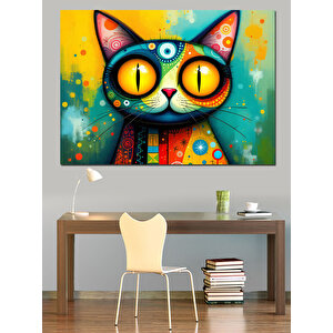 Renkli Gözlü Soyut Kedi Dekoratif Kanvas - Mdf Ahşap Tablo