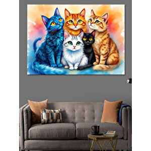 Renkli Gözlü Kedi Ailesi Dekoratif Kanvas - Mdf Ahşap Tablo 100x140 cm