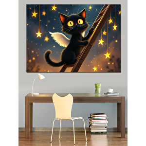 Yıldızlı Gece Kara Kedi Dekoratif Kanvas - Mdf Ahşap Tablo 35x50 cm
