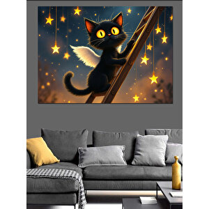 Yıldızlı Gece Kara Kedi Dekoratif Kanvas - Mdf Ahşap Tablo 35x50 cm