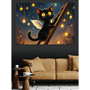Yıldızlı Gece Kara Kedi Dekoratif Kanvas - Mdf Ahşap Tablo 35x50 cm