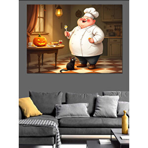 Aşçı Ve Kedi Balkabağı Dekoratif Kanvas - Mdf Ahşap Tablo 70x100 cm