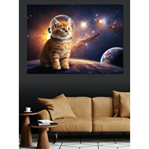 Uzayda Astronot Kedi Dekoratif Kanvas - Mdf Ahşap Tablo