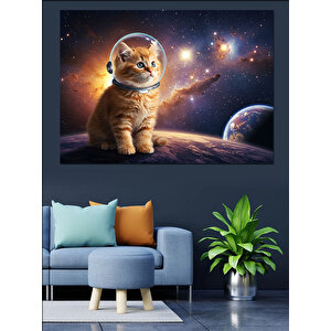 Uzayda Astronot Kedi Dekoratif Kanvas - Mdf Ahşap Tablo 100x140 cm