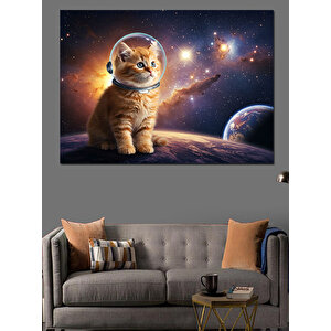 Uzayda Astronot Kedi Dekoratif Kanvas - Mdf Ahşap Tablo 100x140 cm